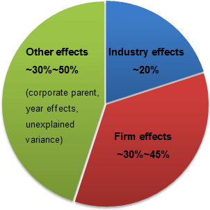 A pie chart, illustrating how important are firm, industry and other effects in achieving sustained competitive advantage.